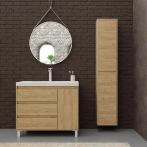 Meuble de salle de bain sur pieds 3 tiroirs / 1 porte supérieure CARMEN finition CHÊNE CLAIR