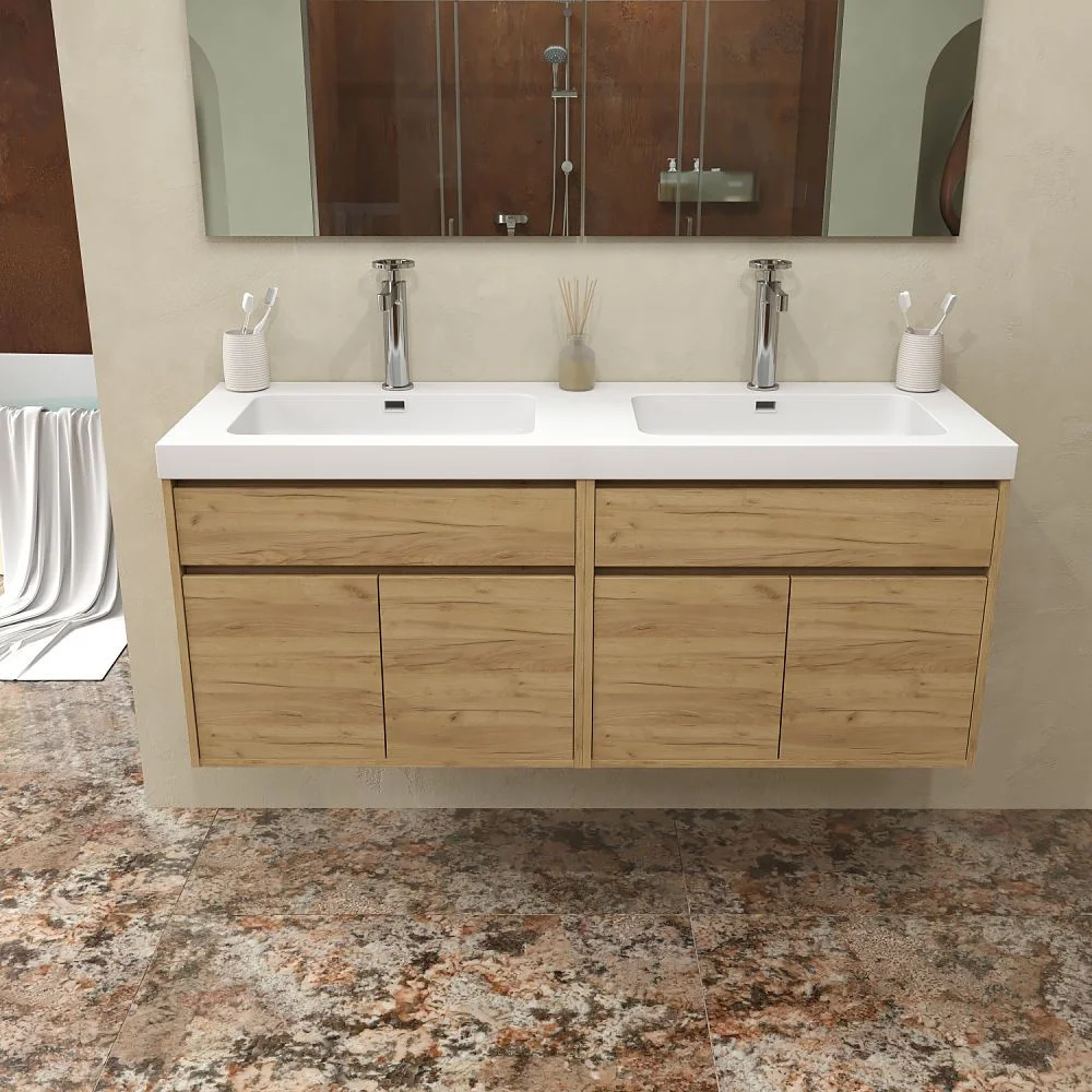 Meuble de salle de bain suspendu 2 vasques 4 portes / 2 tiroirs 120 cm finition CHÊNE CLAIR – Image 4