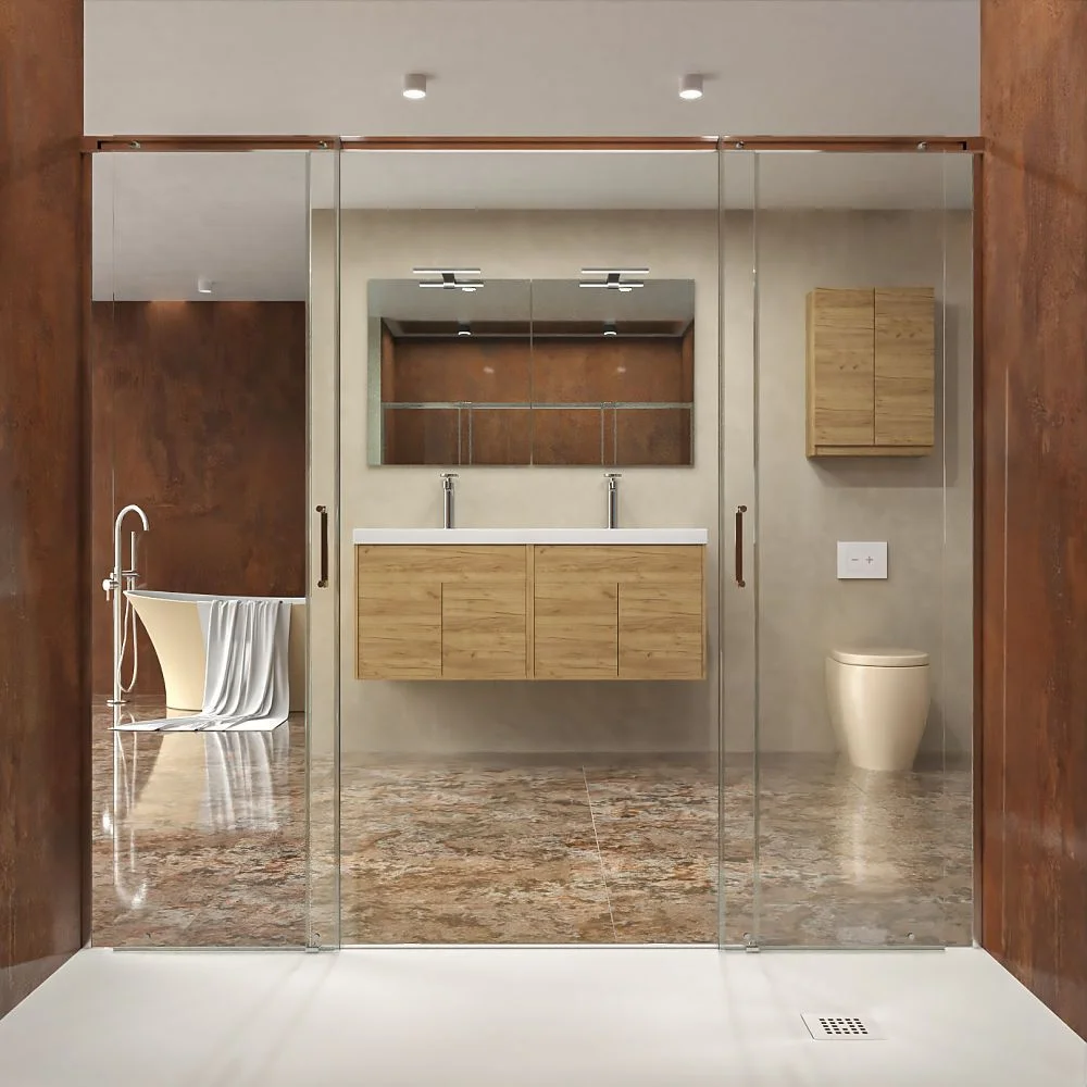 Meuble de salle de bain suspendu 2 vasques 4 portes / 2 tiroirs 120 cm finition CHÊNE CLAIR – Image 5