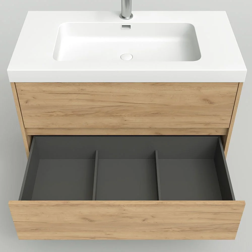 Meuble de salle de bain suspendu 2 tiroirs CARMEN avec vasque en résine finition NOIR – Image 5