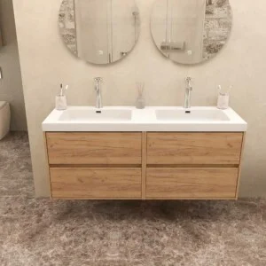Meuble de salle de bain suspendu 2 vasques 4 tiroirs 120 cm finition CHÊNE CLAIR