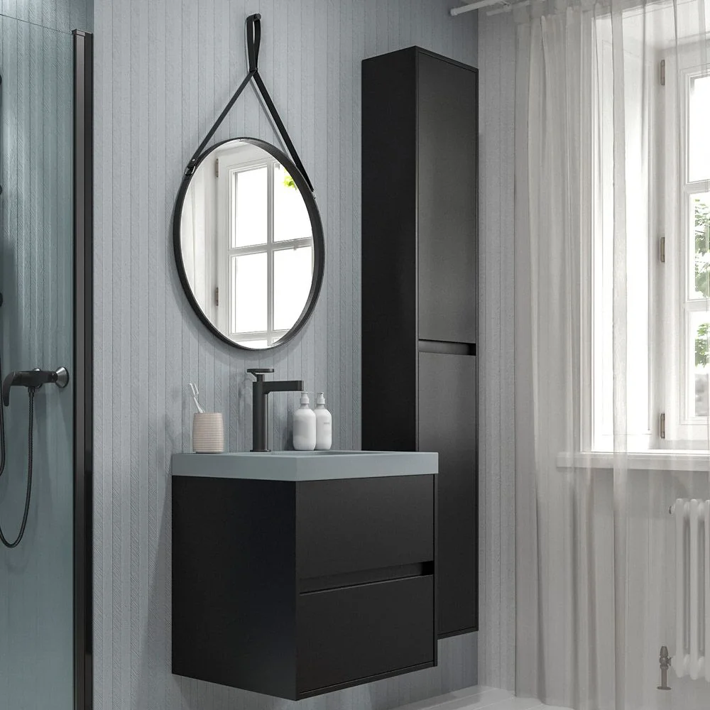 Meuble de salle de bain suspendu 2 tiroirs CARMEN avec vasque en résine finition NOIR