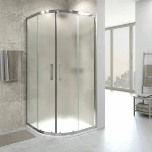 Paroi de douche semi-circulaire GLISS 2 fixes-2 portes coulissantes verre OPACO. Avec traitement anti-calcaire. Finition CHROME BRILLANT