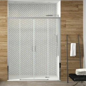 Paroi de douche frontale fixe SENIOR 2 - 2 portes coulissantes en verre 8 mm sans profilé inférieur. Finition CHROME BRILLANT