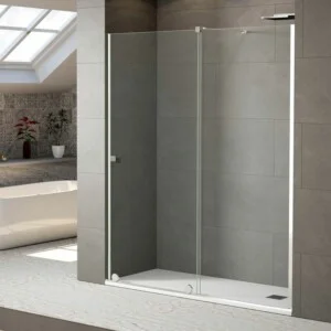Paroi de douche avant JUNIOR 1 fixe -1 porte coulissante en verre 8 mm. Finition CHROME BRILLANT