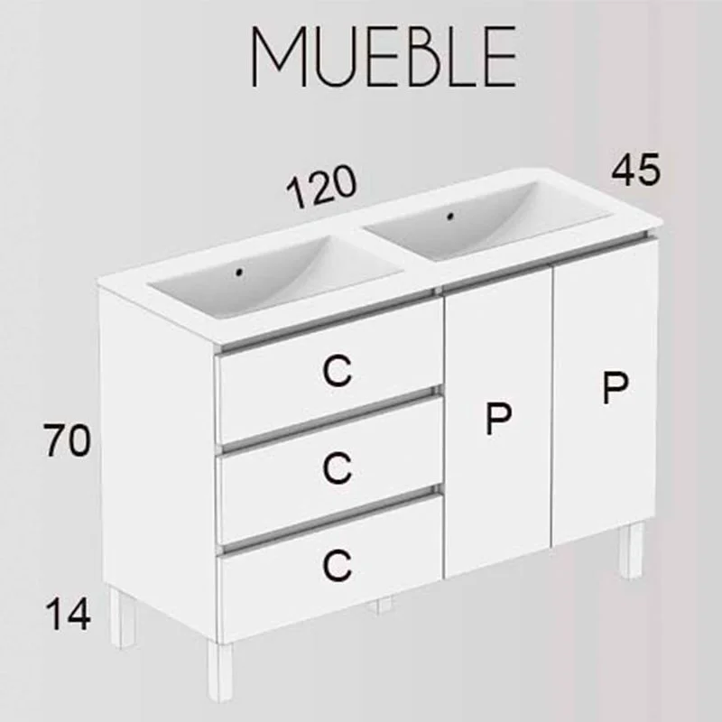 Meuble salle de bain MANILA à poser 120 cm 3 tiroirs / 2 portes avec vasque céramique – Image 2
