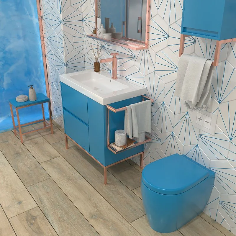 Meuble de salle de bain 2 tiroirs - 1 porte BLEU CIEL finition mate avec vasque en résine épaisseur 6 cm – Image 2