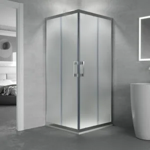 GLISS cabine de douche carrée ouverture angulaire 2 fixes-2 portes coulissantes. Verre opaque avec traitement anti-calcaire. Finition CHROME BRILLANT