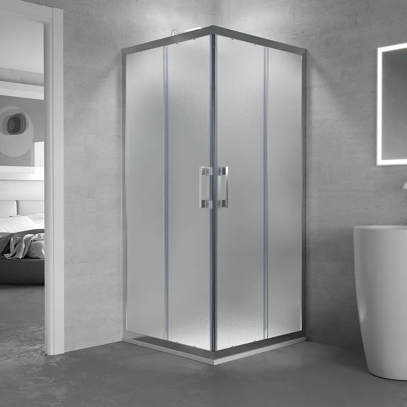 GLISS cabine de douche carrée ouverture angulaire 2 fixes-2 portes coulissantes. Verre opaque avec traitement anti-calcaire. Finition CHROME BRILLANT