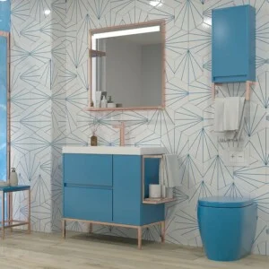 Meuble de salle de bain 2 tiroirs - 1 porte BLEU CIEL finition mate avec vasque en résine épaisseur 6 cm