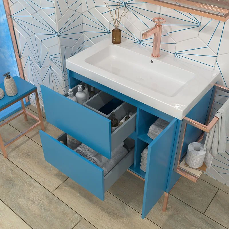 Meuble de salle de bain 2 tiroirs - 1 porte BLEU CIEL finition mate avec vasque en résine épaisseur 6 cm – Image 3