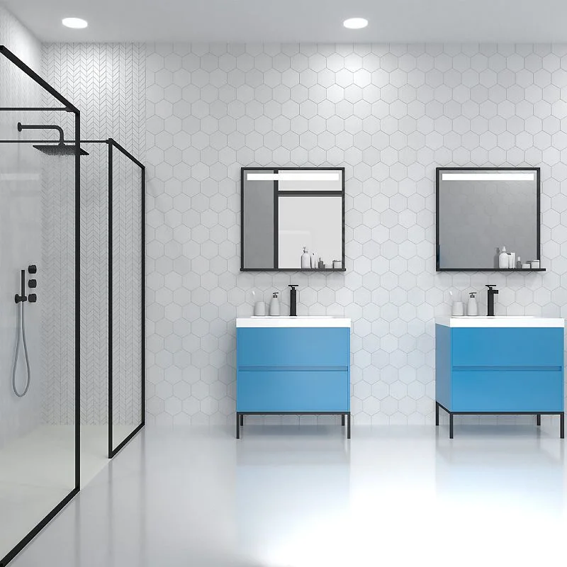 Meuble de salle de bain EVO 2 tiroirs BLEU CIEL finition mate avec vasque en résine épaisseur 6 cm