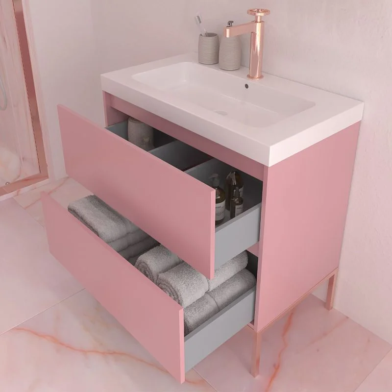 Meuble de salle de bain 2 tiroirs finition mate ROSA PALO avec vasque en résine épaisseur 6 cm – Image 4