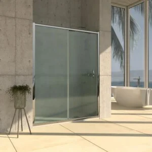 TEMPO 1 paroi de douche frontale fixe – 1 porte coulissante vitrée carglass neuf. Finition CHROME BRILLANT