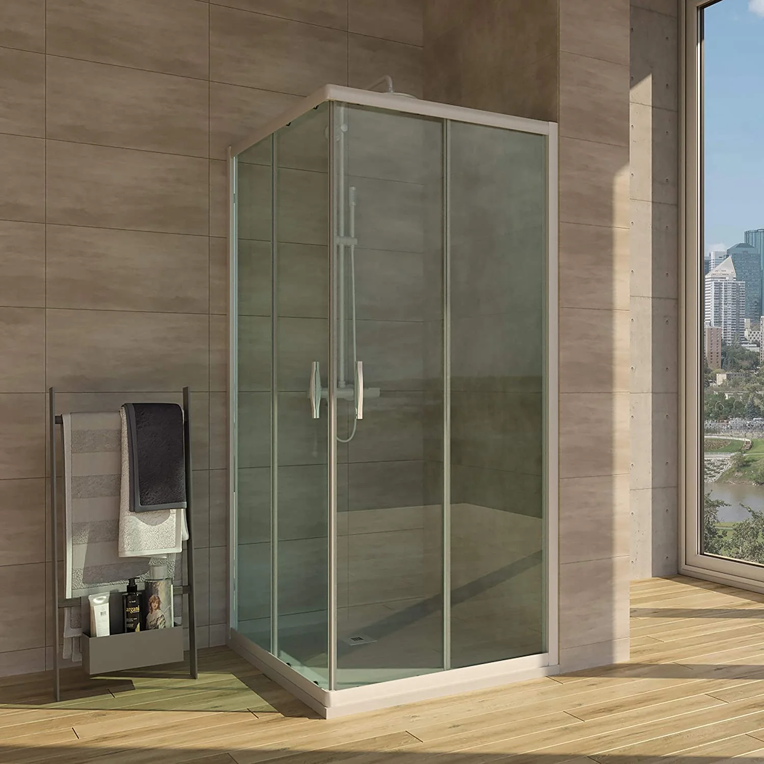 Cabine de douche carrée TEMPO ouverture angulaire 2 fixes-2 portes coulissantes. Avec traitement anti-calcaire Finition BLANC MAT