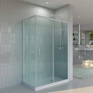 Paroi de douche rectangulaire TEMPO ouverture angulaire 2 portes fixes-2 coulissantes. Avec traitement anti-calcaire. Fini BLANC MAT