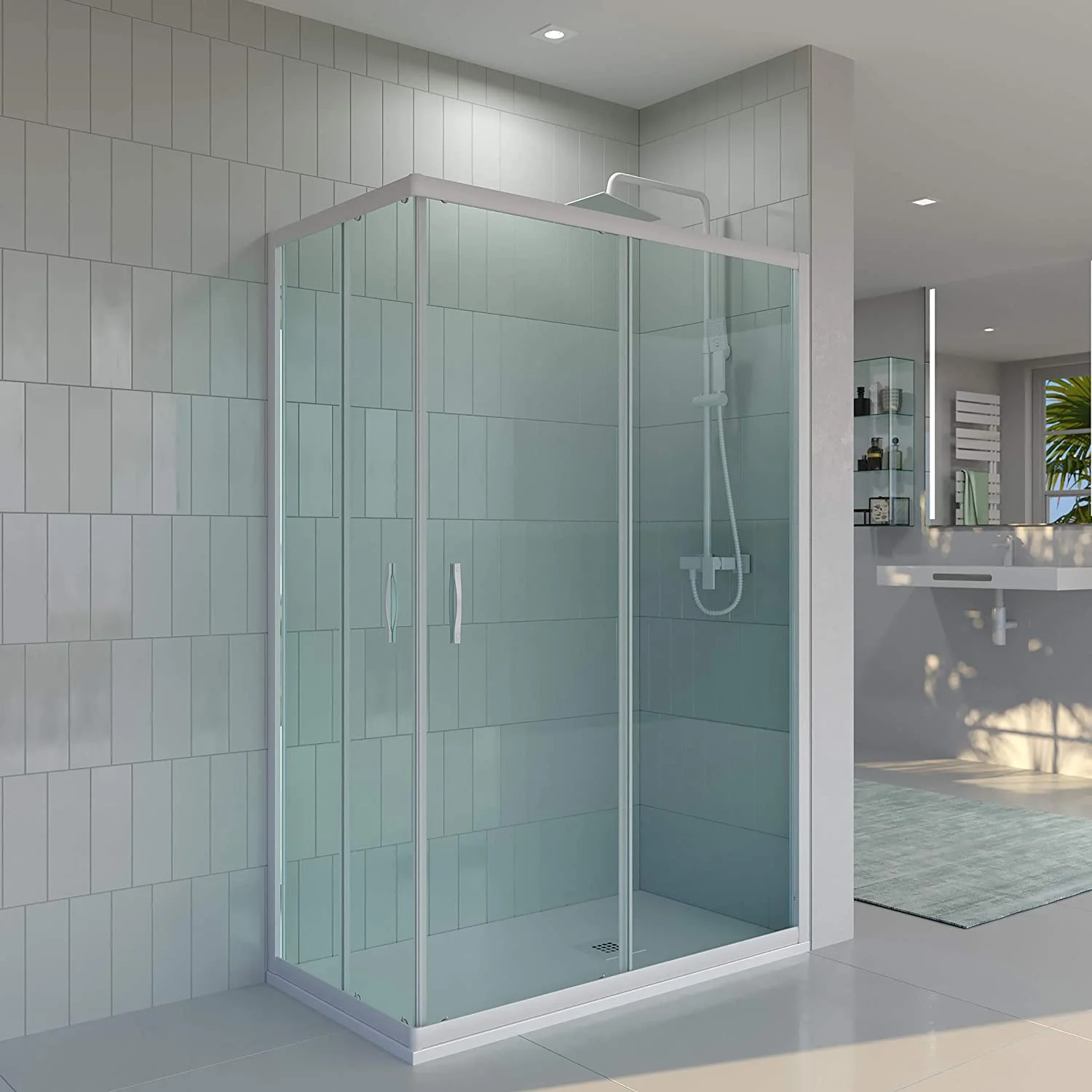 Paroi de douche rectangulaire TEMPO ouverture angulaire 2 portes fixes-2 coulissantes. Avec traitement anti-calcaire. Fini BLANC MAT