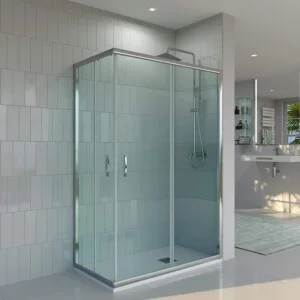 Paroi de douche rectangulaire TEMPO ouverture angulaire 2 portes fixes-2 coulissantes. Avec traitement anti-calcaire Finition CHROME BRILLANT - 91-100x68-80 cm.