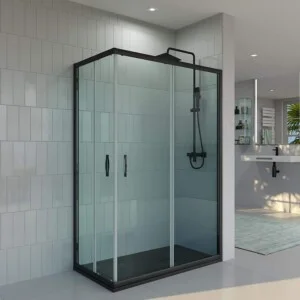Paroi de douche rectangulaire TEMPO ouverture angulaire 2 portes fixes-2 coulissantes. Verre transparent avec traitement anti-calcaire Finition NOIR MAT - 88-90x78-90 cm.