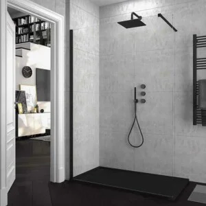 Paroi de douche fixe ZEN Profil Noir Mat - Verre 8 MM avec traitement anticalcaire inclus - Bras de fixation extensible en acier.