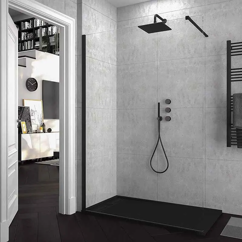 Paroi de douche fixe ZEN Profil Noir Mat - Verre 8 MM avec traitement anticalcaire inclus - Bras de fixation extensible en acier.