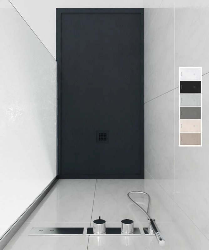 ABSOLUTE Receveur de douche en résine avec cadre Graphite – texture ardoise – antibactérien et antidérapant. Couleurs au choix.