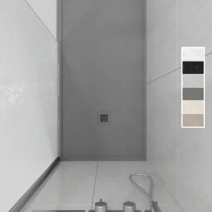 Receveur de douche ABSOLUTE en résine avec cadre Gris ciment – texture ardoise – antibactérien et antidérapant. Couleurs au choix.