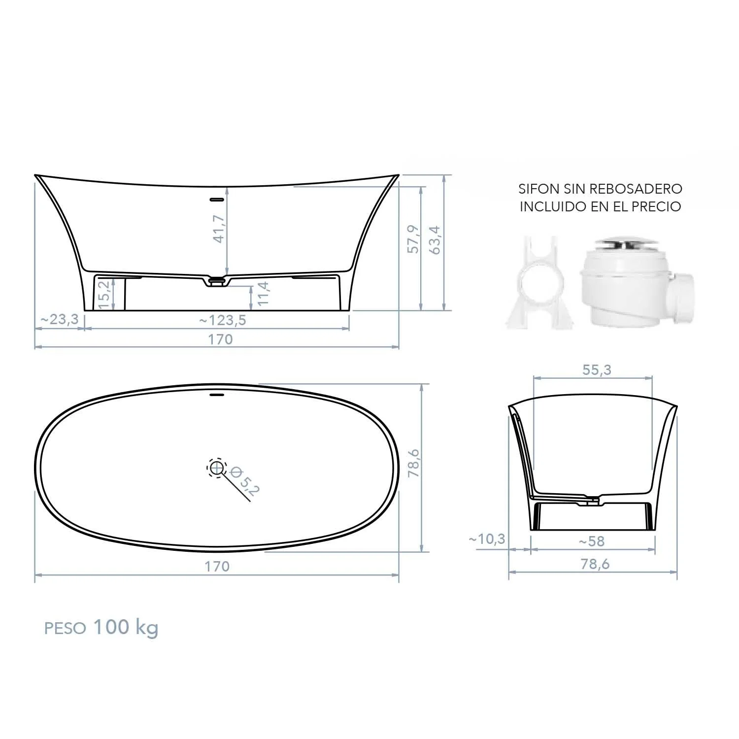 Baignoire îlot ALYA ovale solid surface 170×78.6 cm – Image 8