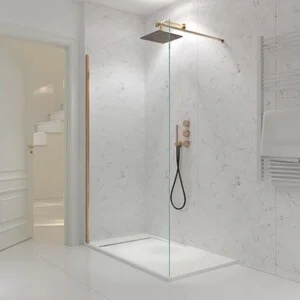 Paroi de douche fixe ZEN Profil Cuivre - Verre 8 MM avec traitement anticalcaire inclus - Bras de fixation en Inox. extensible