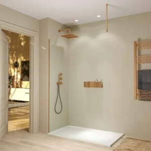 Paroi de douche fixe ZEN Profil Cuivre - Verre 8 MM avec traitement anticalcaire inclus - Bras de fixation en Inox. extensible