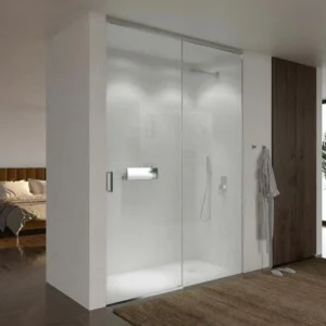 Panneau de douche avant TECH HIGH 1 porte fixe - 1 porte coulissante en verre de 8 mm. INOX à partir du plafond - 151-160