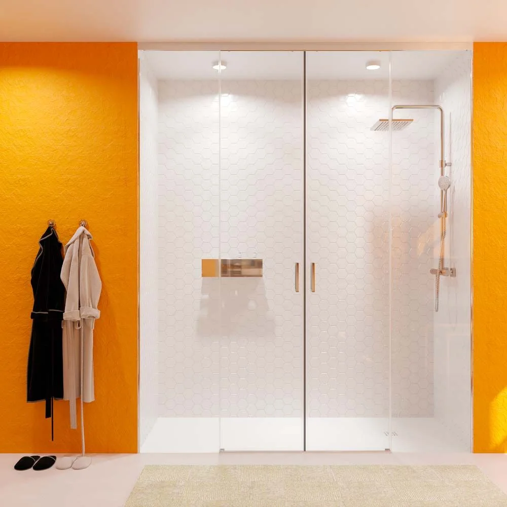 Panneau de douche avant TECH HIGH 2 portes fixes - 2 portes coulissantes en verre de 8 mm. INOX à partir du plafond