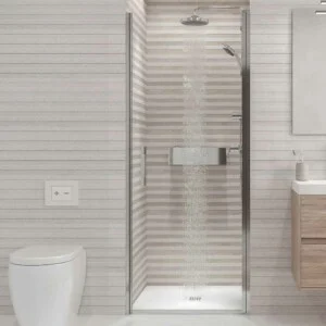 Paroi de douche frontale OPEN 1 porte battante sur mesure, finition CHROME BRILLANT