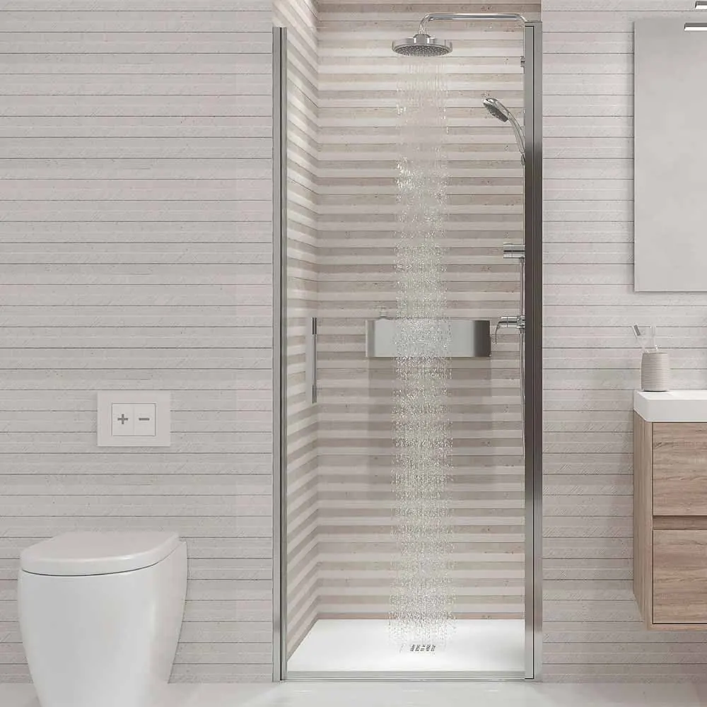 Paroi de douche frontale OPEN 1 porte battante sur mesure, finition CHROME BRILLANT