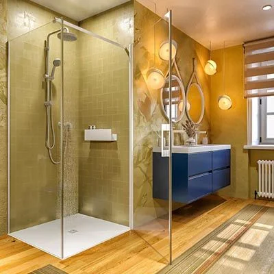 Cabine de douche carrée OPEN 1 fixe – 1 porte battante Fabrication sur mesure. BLANC MAT