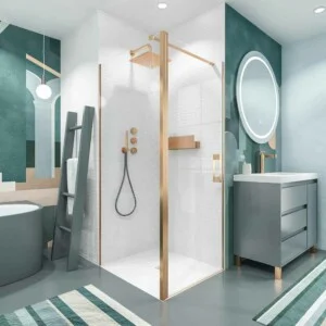 Paroi de douche carrée OPEN 1 fixe - 1 porte battante sur mesure. CUIVRE MAT