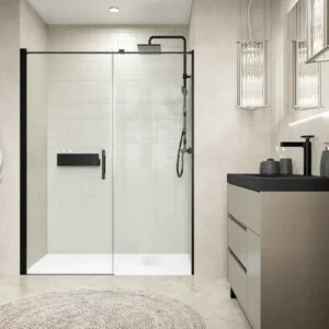 Paroi de douche frontale OPEN 1 fixe – 1 porte battante sur mesure, finition NOIR MAT
