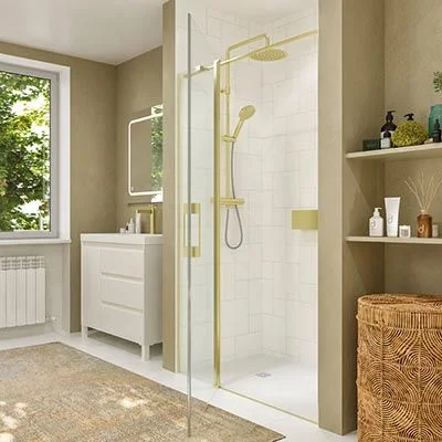 Paroi de douche frontale OPEN 1 fixe – 1 porte battante sur mesure finition OR MAT