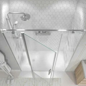 Paroi de douche frontale OPEN 2 fixes - 1 porte battante sur mesure. Finition CHROME BRILLANT