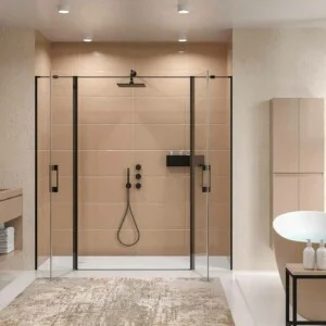 Paroi de douche frontale OPEN 2 fixes - 2 portes battantes sur mesure. NOIR MAT