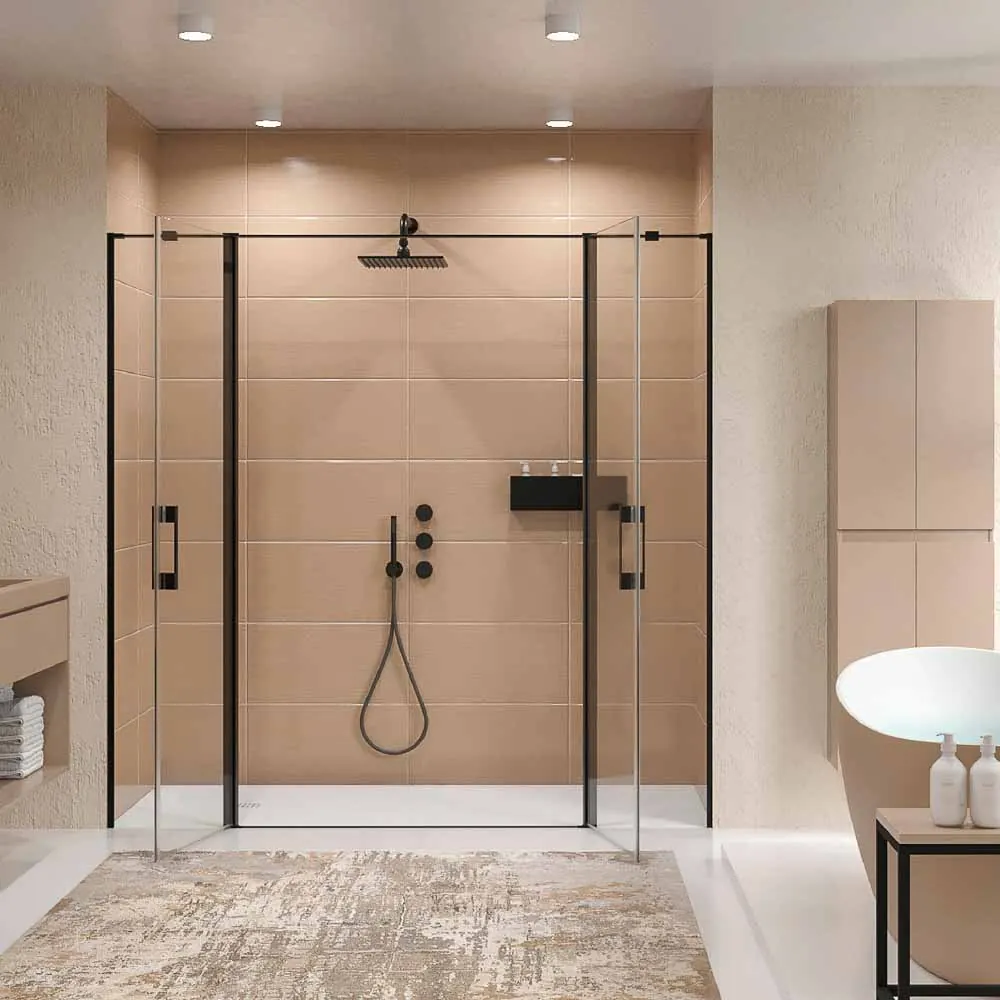 Paroi de douche frontale OPEN 2 fixes - 2 portes battantes sur mesure. NOIR MAT