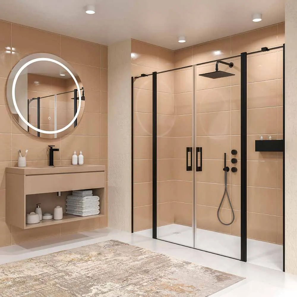 Paroi de douche frontale OPEN 2 fixes - 2 portes battantes sur mesure. NOIR MAT – Image 4