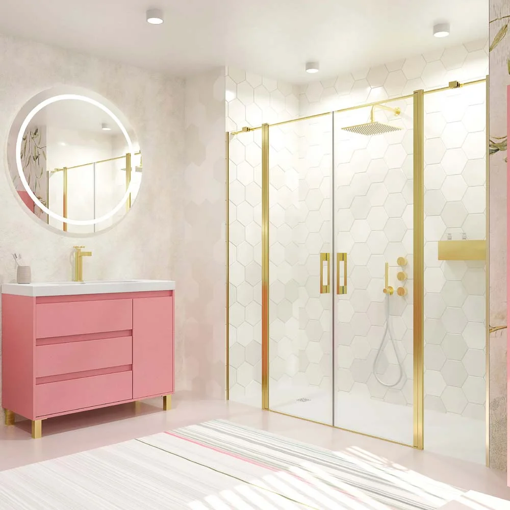 Paroi de douche frontale OPEN 2 fixes - 2 portes battantes sur mesure. OR MAT