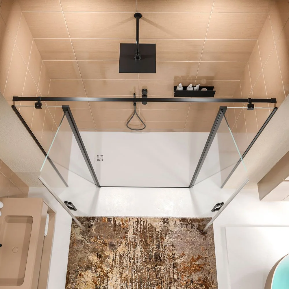 Paroi de douche frontale OPEN 2 fixes - 2 portes battantes sur mesure. NOIR MAT – Image 3