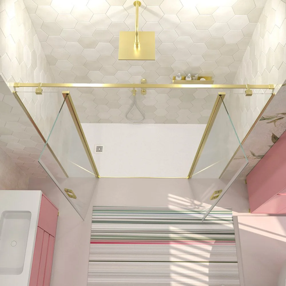 Paroi de douche frontale OPEN 2 fixes - 2 portes battantes sur mesure. OR MAT – Image 3