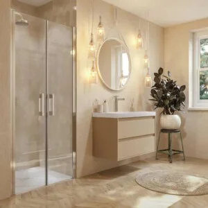 Paroi de douche frontale OPEN 2 portes battantes sur mesure. CHROMÉ BRILLANT