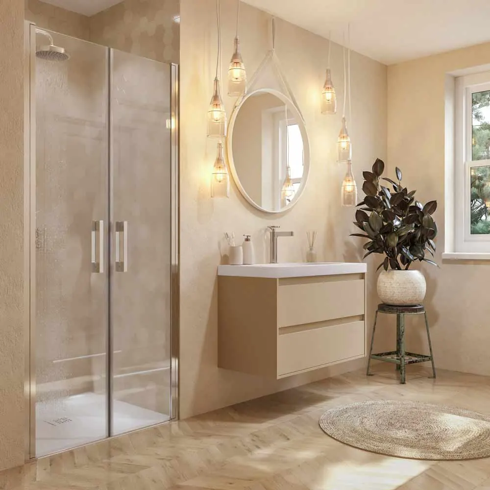 Paroi de douche frontale OPEN 2 portes battantes sur mesure. CHROMÉ BRILLANT