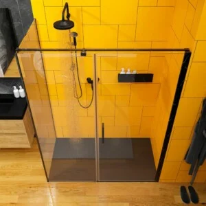 Paroi de douche rectangulaire OPEN 2 fixe – 1 porte battante sur mesure. MARQUIN NOIR