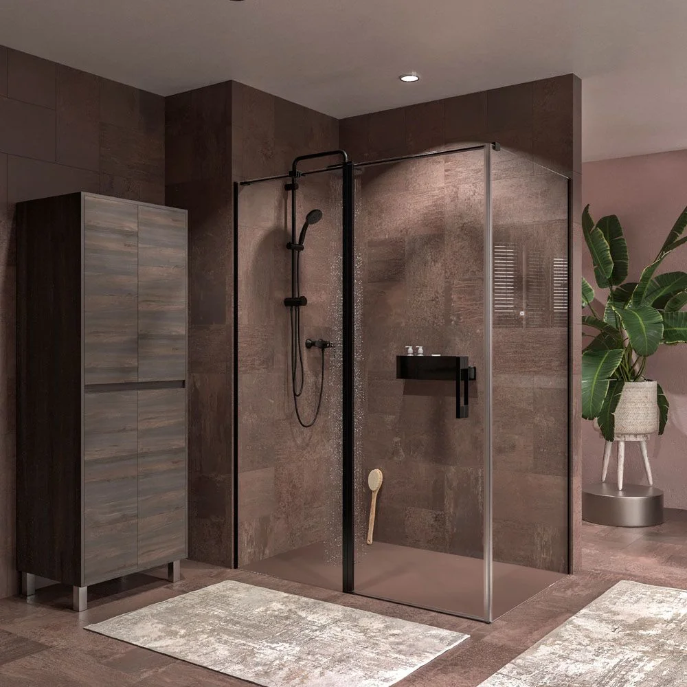 Paroi de douche rectangulaire OPEN 2 fixe – 1 porte battante sur mesure. NOIR MAT