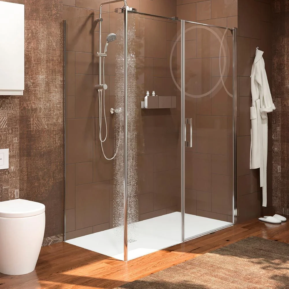 Paroi de douche rectangulaire OPEN 2 fixe – 1 porte battante sur mesure. CHROMÉ BRILLANT